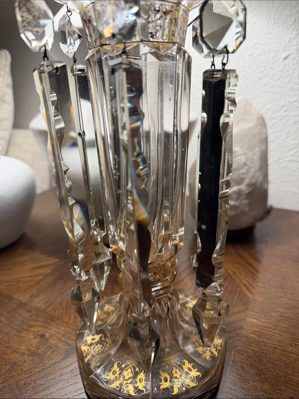 Vintage Crystal Prism Decorative Accent Vase with Hanging Prisms from the 1930s